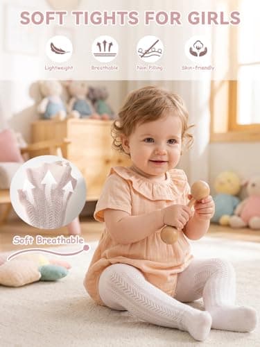 Miipat Baby Girl Tights Toddler Footed Leggings Mesh Lace Stockings 2 Pack Little Kids Hollow Pantyhose(WhitePinkPineNeedle,6-12M) — view 2