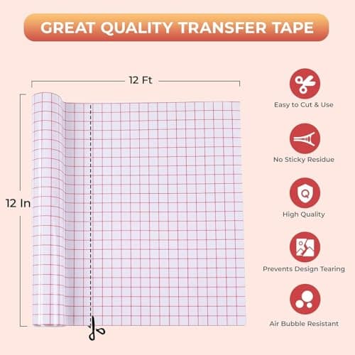 YRYM HT Transfer Tape for Vinyl -12" x 12 FT w/Red Alignment Grid Transfer Paper, Medium Tack Vinyl Transfer Tape for Adhesive Vinyl for Signs Stickers Decals Walls Doors & Windows
