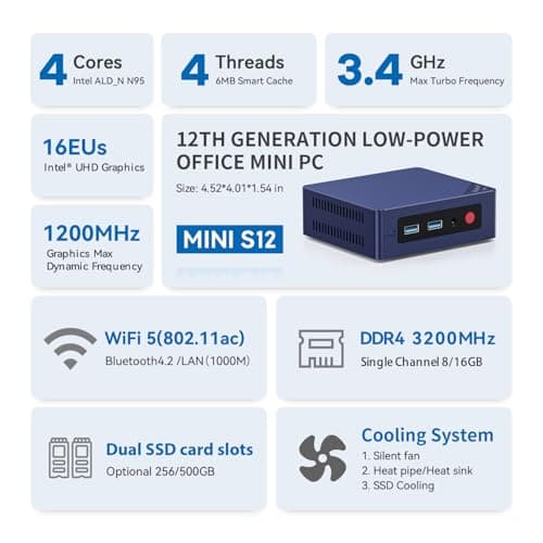 Beelink Mini PC, Mini S12 Intel 12th Gen 4-Core N95(up to 3.4GHz), Mini Computer 8GB DDR4 RAM 480GB SSD, Desktop PC Dual HDMI 4K UHD/Gigabit Ethernet/Dual WiFi5/BT4.2/HTPC/W11 Home