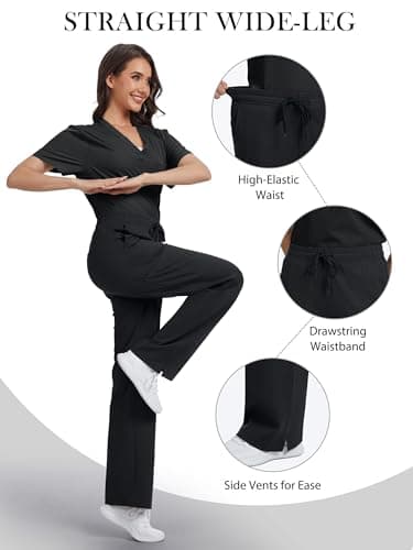 Tapata Wide Leg Scrub Pants for Women - 28/30/32/34 Inseam High Rise Straight Leg Yoga Scrub Uniform Pants with 7 Pockets, 34", Medium, Black — view 5