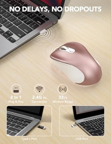 Trueque Wireless Mouse for Laptop, 2.4GHz Ergonomic Computer Mouse with Back & Forward Buttons, 3 Adjustable DPI Levels, 6 Buttons, Optical USB Cordless Mice for Windows PC, M01 (Rose Gold) — view 2