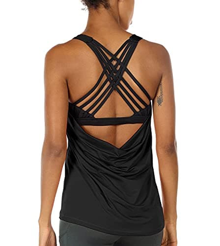 icyzone Yoga Tops Workouts Clothes Activewear Built in Bra Tank Tops for Women (M, Black)