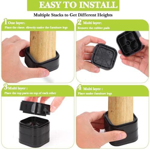 4 Pack Furniture Risers 2 Inch, Adjustable Bed Risers Heavy Duty for Table Desk Couch Chair Sofa Cabinet Bed Legs Dorm, Square Stackable Bed Raisers Blocks Lift Height 1", 2",3"or 4", Black — view 5