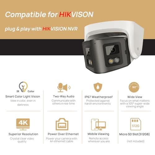 4K Dual-Lens PoE Security Camera with 180° Panoramic View, 8MP IP Outdoor Camera 98ft Full Color/IR Night Vision,Person/Vehicle Detection,Two-Way Talk,SD Slot(512GB)Compatible with Hik Vision NVR NDAA — view 2