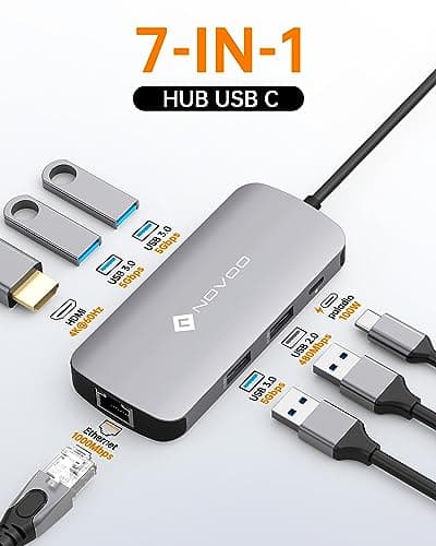 NOVOO USB C Hub Ethernet 4K@60 USB C HDMI Adapter Multiport Type C Adapter 4 USB 3.0 & USB2.0 Dongle 100W PD Dock Docking Station for MacBook Pro Air Apple iPad Pro Steam Deck Dell HP Lenovo 7-in-1