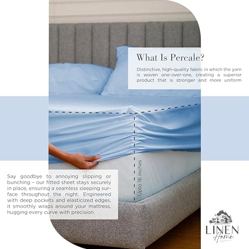 Linen Home 100% Cotton Percale Sheets Queen Size, Baby Blue, Deep Pocket, 4 Pieces Set - 1 Flat, 1 Deep Pocket Fitted Sheet and 2 Pillowcases, Crisp Cool and Strong Bed Linen — view 3