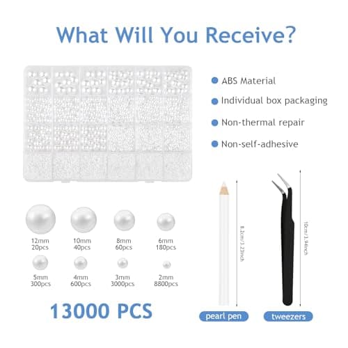 Bouiexye 13000 Pcs White Flatback Pearls 2/3/4/5/6/8/10mm Half Round Pearls for DIY Crafts Nail Art Shoes Mobile Phone Cases Etc