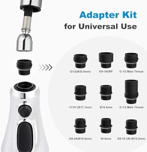 Hibbent Pull Down Spray Head for Kitchen Faucet, NSF/ANSI/CAN 61 & CUPC Certified 3-Function Spray Nozzle, 15 Adapters, Sink Faucet Head Replacement Compatible with Moen, Delta, Kohler, Chrome — view 3