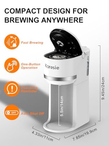 Karosie Single Serve Coffee Maker for Coffee Pods and Grounds,Fast Brew, 6-12 oz Brew Sizes Single Cup Coffee Maker Fits 5.5" Mugs,One-Button Small Coffee Maker,Descaling Reminder,White,9.45 Inches — view 5