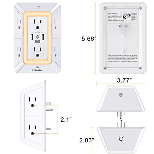 POWRUI Multi Plug 6 Outlet Surge Protector Extender with 3 USB Ports (1 USB C) and Night Light, 3-Sided Power Strip with Adapter Spaced Outlets, ETL Listed, White — view 7