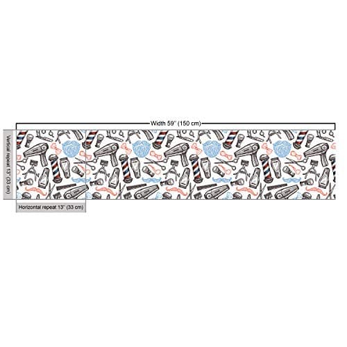 Lunarable Retro Fabric by The Yard, Barber Shop Accessories Monochrome Doodle Style Composition and Beard with Mustache, Decorative Fabric for Upholstery and Home Accents, 1 Yard, Blue Red — view 2