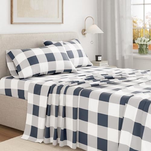 Extra Soft Buffalo Check 100% Turkish Cotton Flannel Sheet Set. Warm, Cozy, Lightweight, Luxury Winter Bed Sheets. Belle Collection (Queen, Navy) — view 4