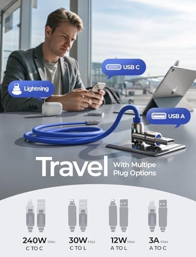 LISEN USB C to Lightning Cable, 240W 4 in 1 Charging Cable 6.6FT, Chubby USB A/C to C/Lightning with Light for iPhone Charger Fast Charging iPhone Air 17 16 15 14 Pro/MacBook/iPad, Dark Blue — view 2
