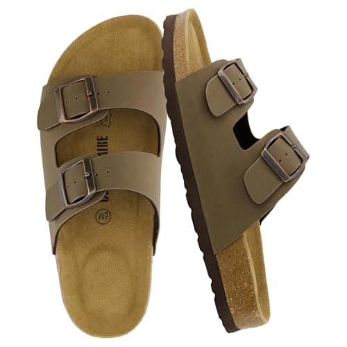 CUSHIONAIRE Lane Cork Footbed Womens Sandals Comfortable Double Buckle Slip On Sandals for Women with Arch Support and Classic Two Strap Design, BROWN 9