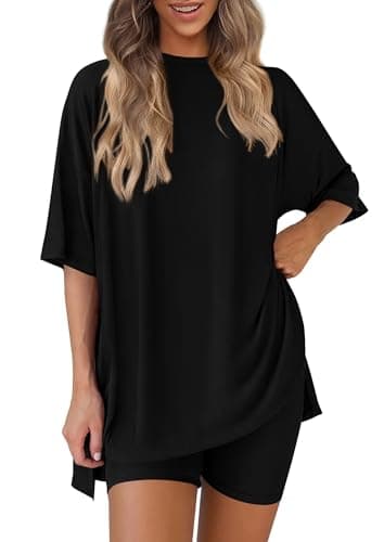PRETTYGARDEN Women 2 Piece Lounge Set 2026 Summer Casual Oversized Shirts Biker Shorts Matching Airport Travel Outfit Clothes (Black,Small)