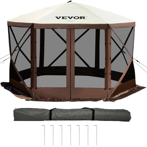 VEVOR Camping Gazebo Tent, 12'x12', 6 Sided Pop-up Canopy Screen Tent for 8 Person Camping, IPX3 Water-Resistant Screen Shelter w/Portable Storage Bag, Ground Stakes, Mesh Windows, Brown & Beige — view 3