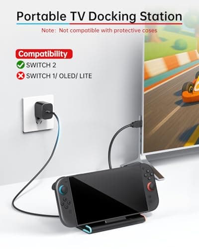 Switch 2 Dock with 60W Charger & HDMI Cable, 4K Portable Docking Station for Nintendo Switch2 Console, Travel TV Connector Stand Base, USB-C Charging Cable, AC Adapter Power Cord, Game Accessories Set — view 2