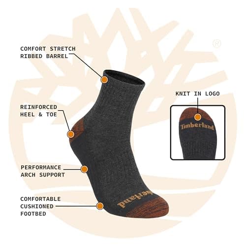 Timberland Mens Socks, Comfort Quarter Socks, Arch Support, Padded Cushion, Moisture Control (Size 7-12, Multiple Colors; Assorted 6 Pack) — view 3