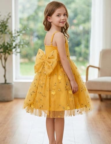 Arshiner Toddler Girls Tulle Dress Bowknot Tutu Birthday Princess Embroidery Yellow Floral Dresses Formal Photoshoot Outfit Summer Clothes 5-6Years — view 4