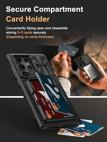 Vihibii for Samsung Galaxy S24 Ultra Case with Card Holder (4 Cards), Built-in 2X Privacy Screen Protector & Slide Camera Cover & Kickstand, Rugged & Shockproof Phone Case for S24 Ultra, Black — view 3
