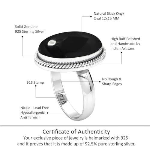 JEWELOPORIUM Black Onyx Silver Ring Size 7, 925 Sterling Silver Ring for Women, Genuine Chunky Oval Gemstone Handmade Jewelry — view 3