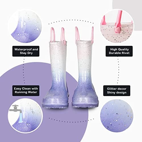 EUXTERPA Kids Toddler Light Up Rain Boots Girls Waterproof Patterns and Glitter Boots with Easy On Handles, Purple Gradient, Little Kid Size 13 — view 3