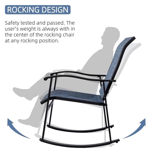 Vongrasig 3 Piece Outdoor Rocking Bistro Set, Textilene Fabric Small Patio Furniture Set, Front Porch Rocker Chairs Conversation Set with Glass Table for Lawn, Garden, Balcony, Poolside (Denim Blue) — view 4