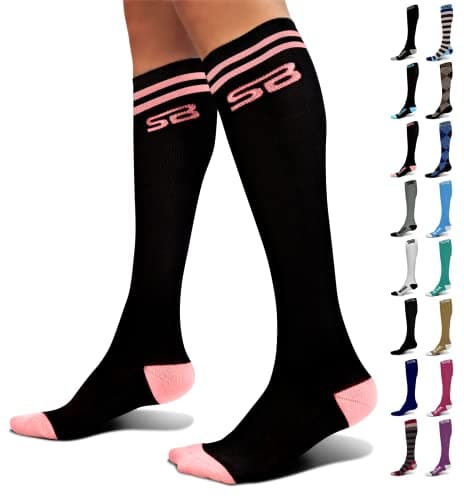 SB SOX Compression Socks for Men & Women (20-30mmHg) – Best Compression Socks for Flying, Medical, Sports, Wide Calf Fit, and Daily Wear, Two Stripes (Black/Pink), Small