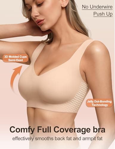 Showyoo Jelly Bras for Women No Underwire Pullover Wireless Bra Full Coverage Seamless Bralettes T Shirt Wide Straps Sleep Everyday Sports Bras Nude XL — view 3