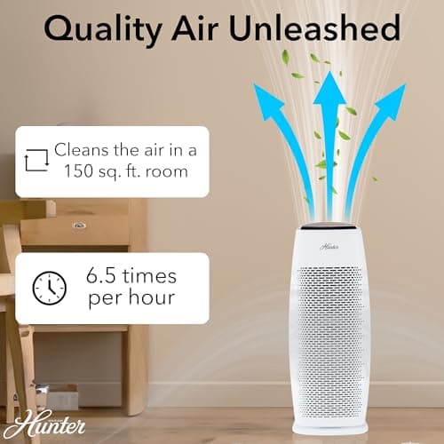 Hunter Air Purifiers for Home Large Room and Bedroom. True HEPA Air Purifier Tower for Pets, Odors, Allergens, Smoke, Dust, VOC's. Cleans 969 Ft² per Hour, 3 Fan Speeds, Sleep Timer. White