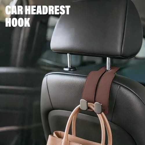 Purse Hook for Car - Universal, Twinhook Leather Car Headrest Hangers, Car Seat Back Storage Hook for Purses, Handbags, Bags, Seat Back Organizers for Travel (Brown-2pcs) — view 2