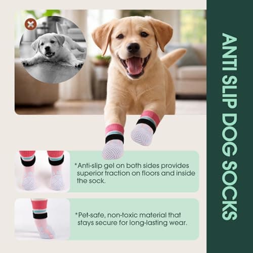 Kuoser Dog Grippy Socks for Senior Dog, Dog Socks for Hardwood Floors Hot Pavement, 4Pack Anti Slip Traction Control Booties Paw Protectors for Small Medium Large Dogs, Pink L