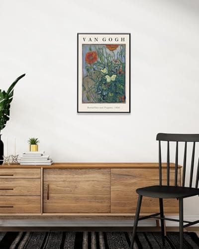 Framed Canvas Print Wall Art Butterflies And Poppies Flowers Painting Reproduction Ready To Hang Living Room Bedroom Kitchen Office Home Decor 16"x 24" Black Framed — view 3