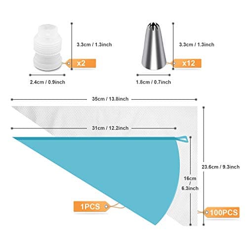 Tamodan Piping Bags and Tips, Cake Piping Bags and Tips Suitable for Beginners Included 100PCS 16 Inch Disposable Piping Bags with 12 Piping Tips Set, 2 Coupler and 1 Reusable Pastry Bags — view 4