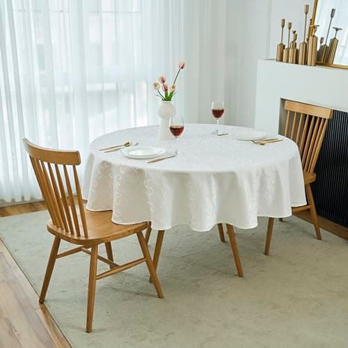 Marina Decoration Home Decor Jacquard Waterproof Thick Elegant Soft Premium Solid Damask Scroll Decorative Kitchen Table Cloth Liquid Repellent Stain Resistant Tablecloth, White Color Round 70 Inch
