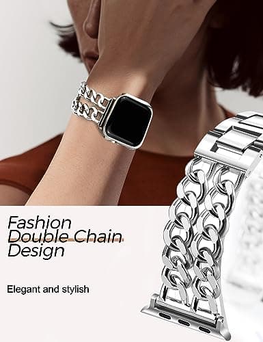 JR.DM Silver Watch Bands for Women Compatible with Apple Watch 38mm 40mm 41mm 42mm (S10/11) Adjustable Metal Band Cowboy Steel Chain Bracelet for iWatch Series1/2/3/4/5/6/7/8/9/10/11 SE 3/2/1(No Case) — view 2