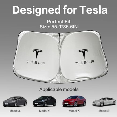 300T Sunshade for Tesla Model Y Model 3, Car Accessories 2026 for Tesla, Front Window Sunshade with Organizer Bag, Gifts for Tesla Owners — view 2