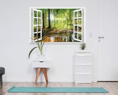 FLFK Fake Window Wall Mural - Forest Jungle Faux Window Wall Sticker for Wall Decor, Stick and Peel Wall Decals,48"x32",Set of 2 Sheets — view 2