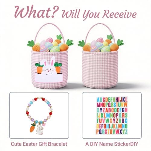 OXYEFEI Easter Baskets for Kids,Pink Embroidered Reusable Empty Bunny Egg Personalized Easter Basket with Bracelet for Party Gifts (Pink)
