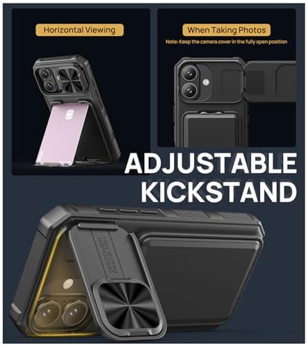 SSLOTSCASE for iPhone 17 Case with Card Holder & Kickstand & Slide Camera Lens Cover & Camera Stand & Wallet, Military-Grade Heavy Duty Hard Rugged Phone Case Cover for iPhone 17 6.3'' 5G 2025, Black — view 3