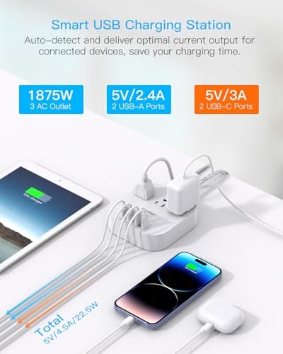 One Beat Power Strip with USB C, 3 Outlets 4 USB Ports, 10ft Braided Extension Cord, 22.5W Desktop Charging Station, Flat Plug, Non Surge Protector, Home Office Cruise Travel, ETL Listed, White