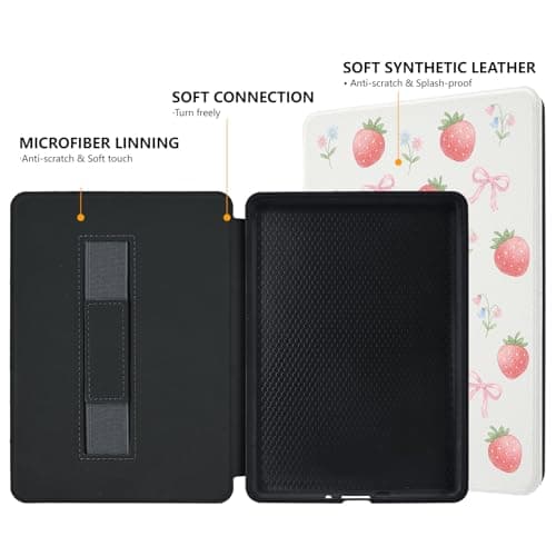 Idocolors Cute Case for 6" Kindle 11th Gen (2024/2022), New e-Reader Kindle PU Leather Cover with Hand Strap, Auto Wake/Sleep for Kindle 2024/2022, Cute Strawberry — view 2