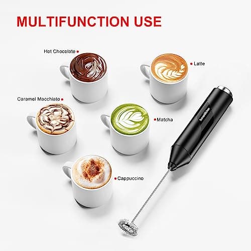 Bonsenkitchen Powerful Milk Frother for Coffee, Fast Handheld Drink Mixer with Stainless Steel Whisk, Battery Operated Hand Frother Stirrer Wand - Black — view 3