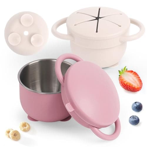 Daximo 2 Pack Toddler Snack Cups with Suction Base — 4-in-1 Detachable Stainless Steel Cups, Snack Cups for Toddlers Spill Proof with Silicone Lids & Handles (Matte Off White and Matte Pink)
