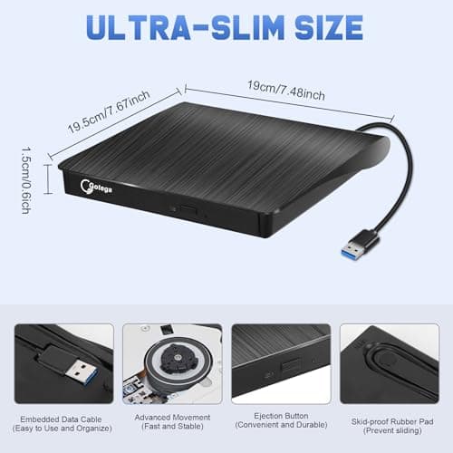 Gotega External DVD Drive, USB 3.0 Portable +/-RW, DVD Player for CD ROM Burner Compatible with Laptop Desktop PC Windows Linux OS Apple Mac Black — view 4