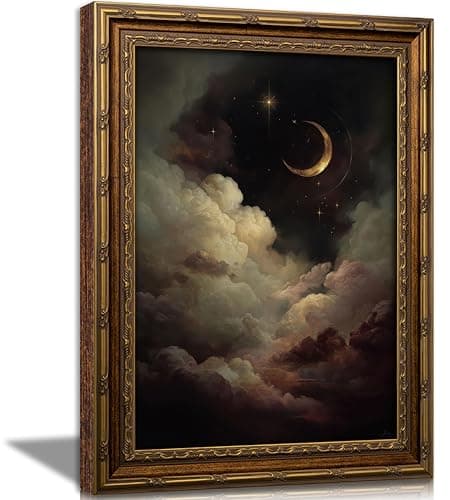 Vintage Gold Framed Celestial Wall Art, Moody Moon and Stars Gothic Painting Canvas Print, Dark Academia Wall Decor,Mystical Celestial Poster Artwork, for Living Room Bedroom Bathroom