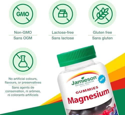 Jamieson 100% Pure Magnesium Bisglycinate 20 mg Gummies Cranberry Grape Flavour, Not Blended, Magnesium Oxide Free, Supports Bone Development and Muscle Function, Source of Electrolytes, No Artificial Colours, Flavours, or Preservatives, 60 Count — view 4