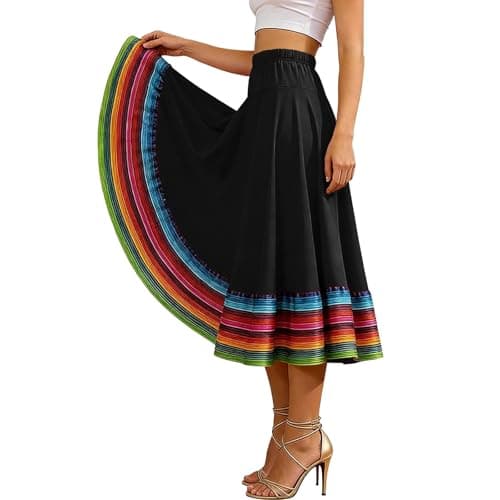 Women Long Full Circle Folklorico Dance Skirts Spanish Bull Folkloric Mexican Flamenco Performance Costume Clothes Black-XXXXL — view 3