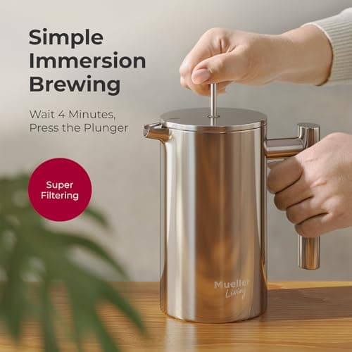 MuellerLiving French Press Coffee Maker 20oz, Stainless Steel French Press Coffee, 4 Filter Heat Resistant Double Insulated, Rust-Free, Food Grade, Dishwasher Safe Coffee Pot — view 5