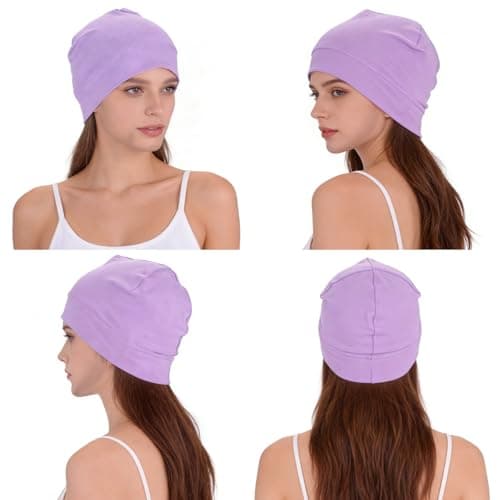 100% Cotton Skull Caps Beanie Sleeping Hats for Men Women 2-Pack Purple — view 5
